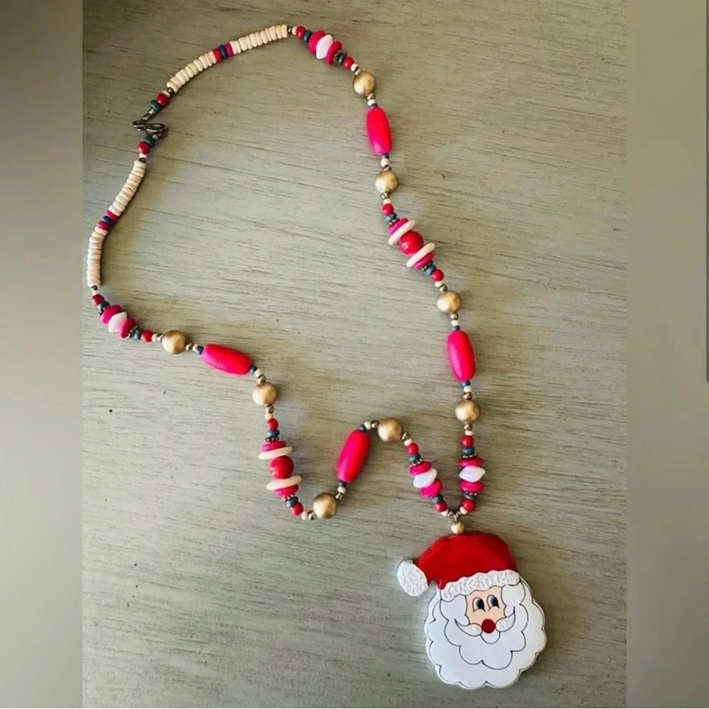 Vintage Christmas Rare Wooden Santa Necklace